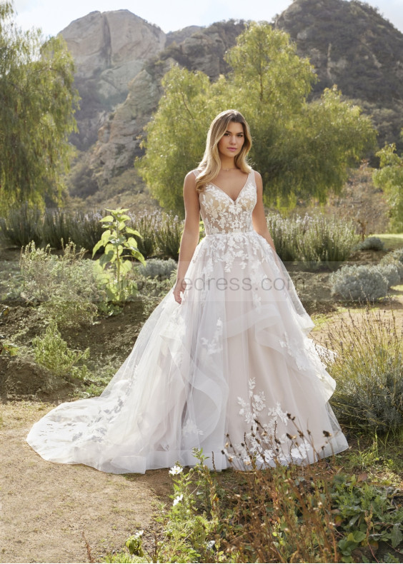 V Neck Ivory Lace Tulle Wedding Dress With Horsehair Trim